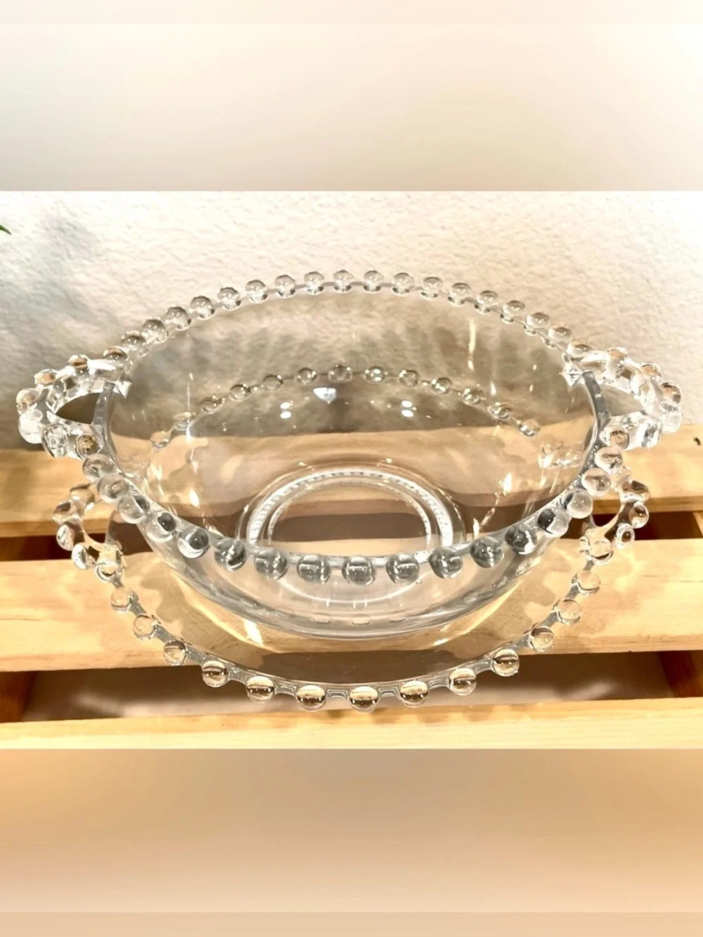 Imperial Glass “Candlewick” Beaded Edge Handled Serving Bowl Matching Underplate